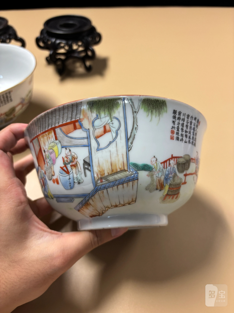 清道光 粉彩耕织图大碗一对 - 图3
